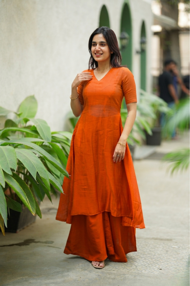 Nandhitha Rust Orange Kurta Set ( Set of 2) | SHOBITAM