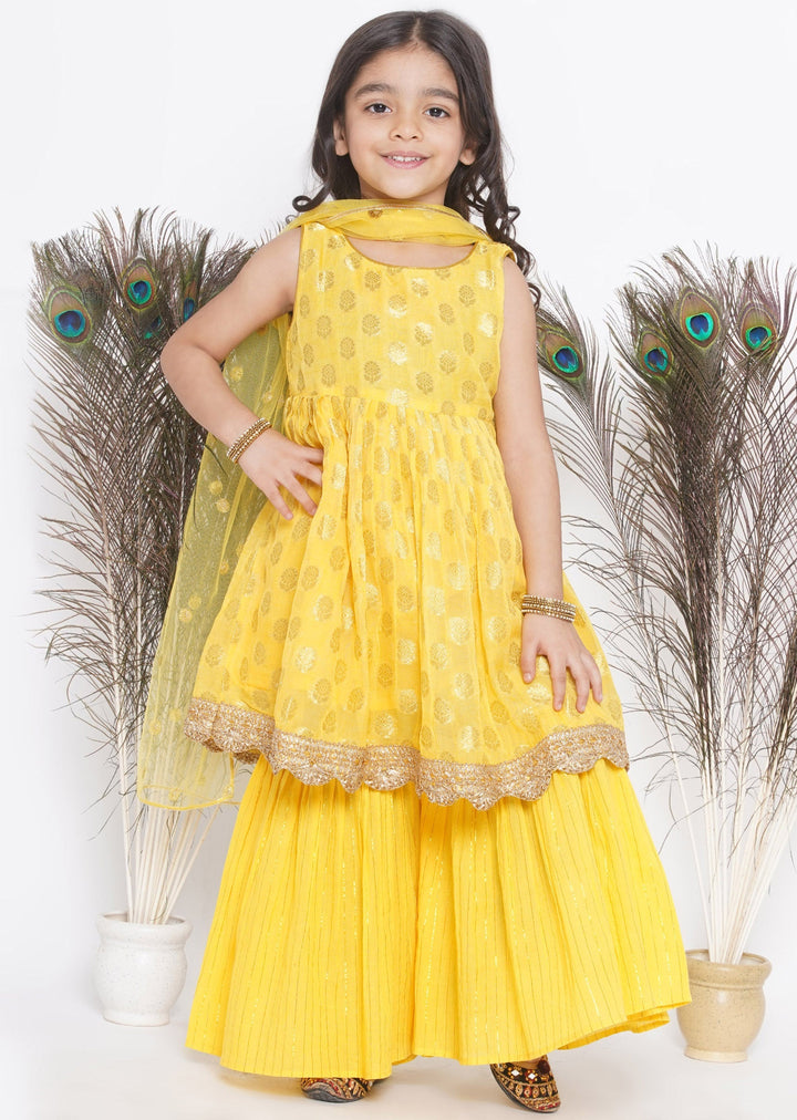 Banarsi Floral Frock Style Kurta with Gold Strip Sharara & Dupatta -Haldi Yellow | SHOBITAM