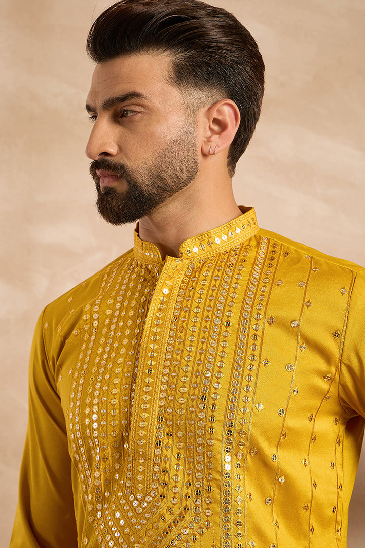 Yellow Silk Blend Geometric Embroidered Straight Kurta | SHOBITAM