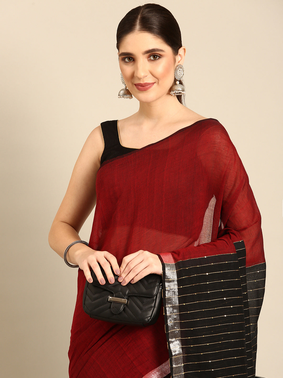 Red Black Sequins Cotton Handloom Saree | SHOBITAM