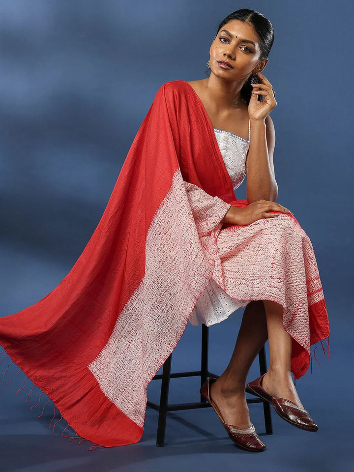 Red Hand Woven Pure Silk Shibori Stole