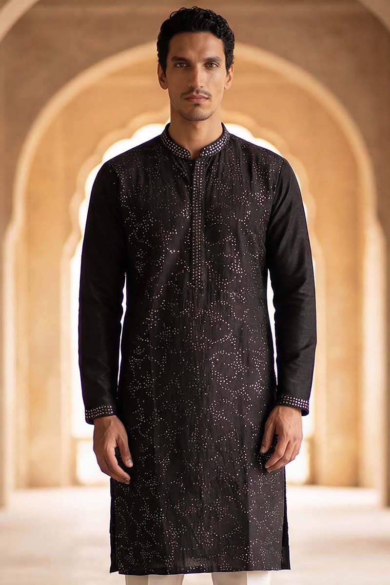 Silk Blend Black Solid Embroidered Calf Length Straight Kurta | SHOBITAM