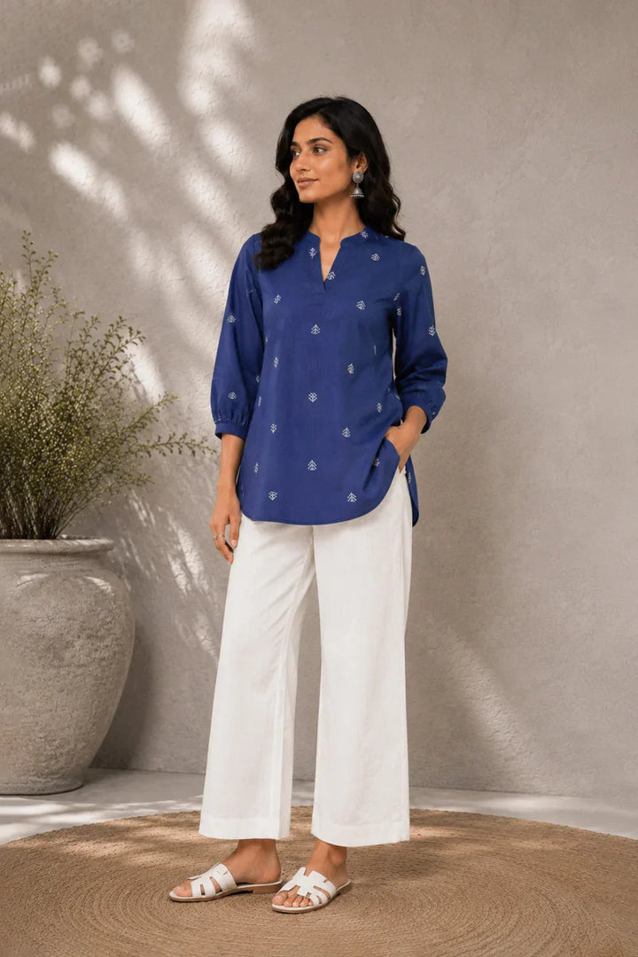 Blue Woven South Cotton Top | SHOBITAM