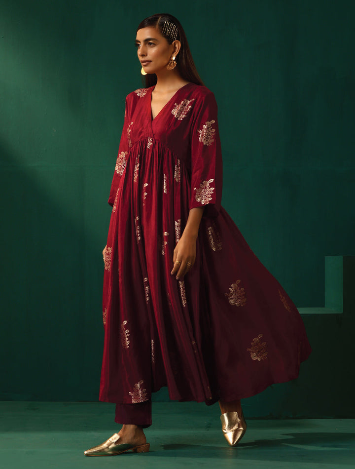 Maroon Floral Viscose Silk Kurta Pant Set  | SHOBITAM