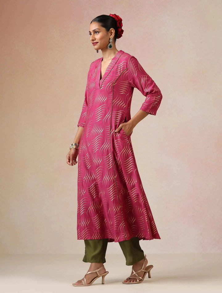 Pink Gold Foil Print Muslin Silk A-line Kurta Set | SHOBITAM