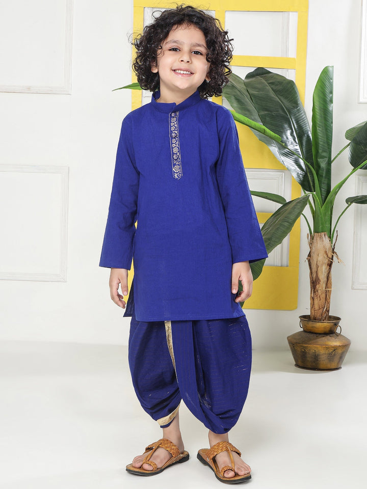 Blue Minimal Zari Embroidery Cotton Kurta Dhoti set | SHOBITAM