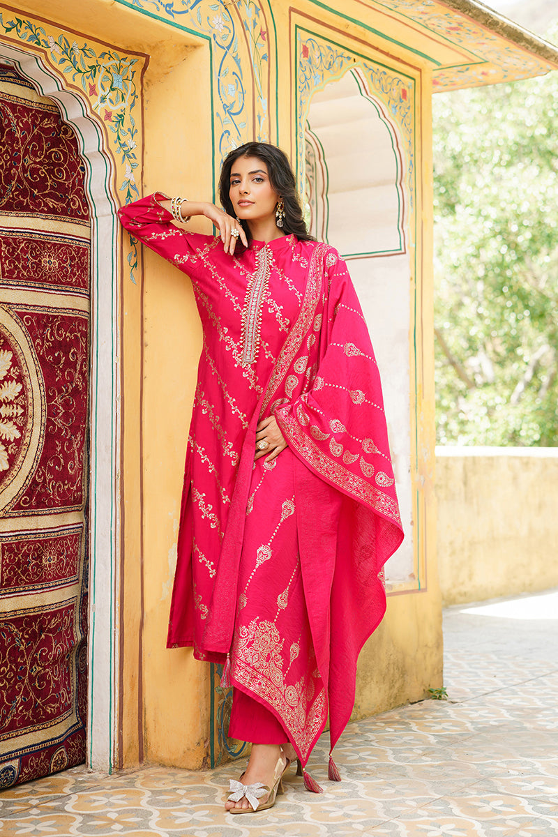 Pink Silk Blend Floral Printed Straight Kurta Trousers With Dupatta | SHOBITAM
