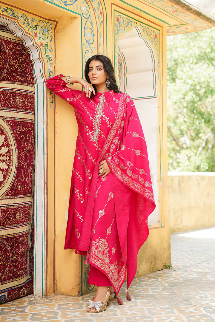 Pink Silk Blend Floral Printed Straight Kurta Trousers With Dupatta | SHOBITAM