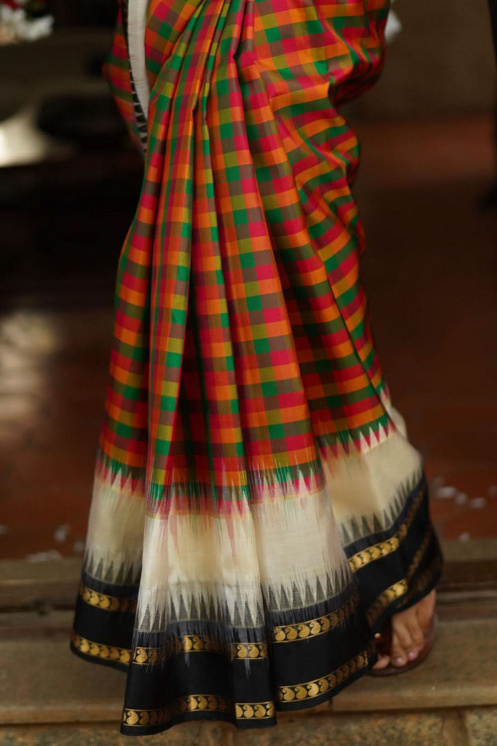 Exquisite Classic Kanjeevaram Multicolor Checks Saree in 9" Border | SILK MARK CERTIFIED