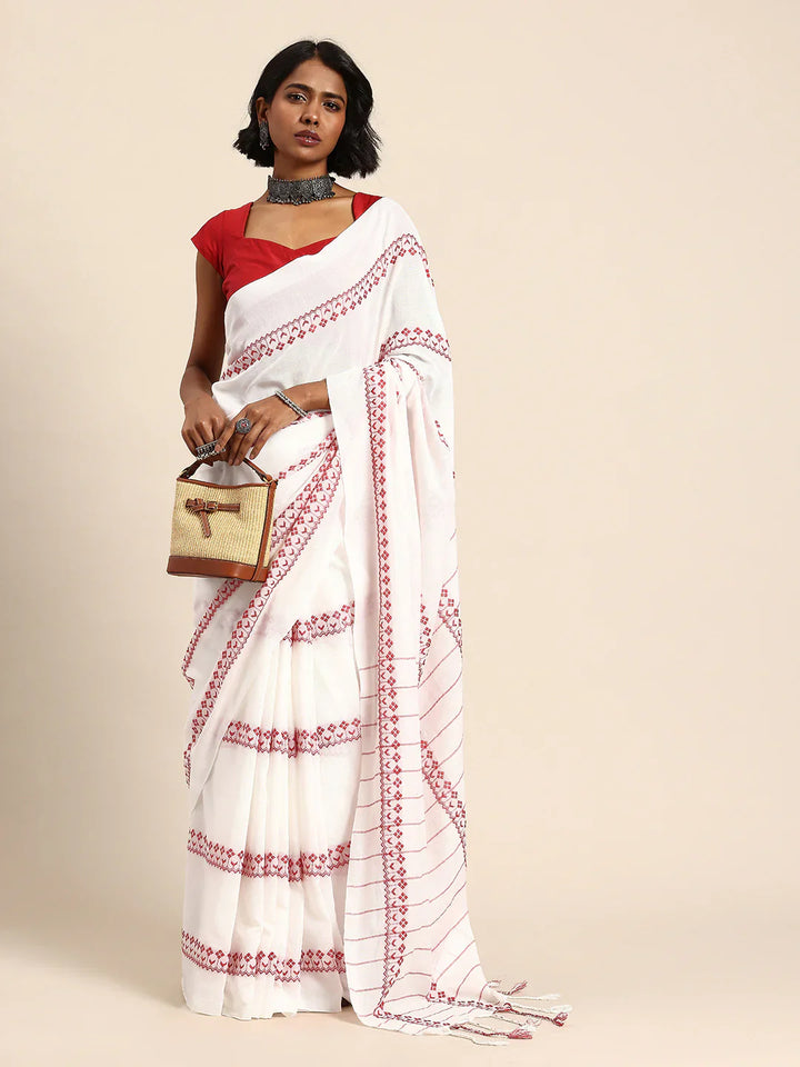White-Red Pure Cotton Saree with Blouse piece