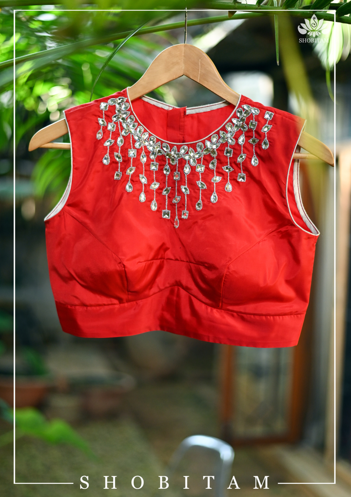 Made to Measure:  Necklace Design White Rhinestone Blouse on Red Silk, Customization Possible