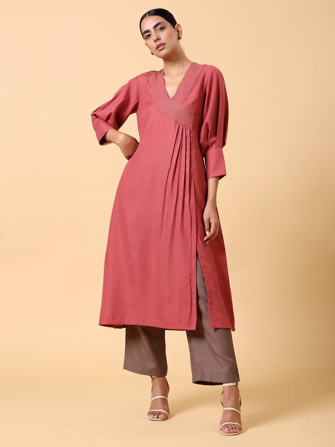 Cotton Linen Rust Red Kurta Pant Set | SHOBITAM