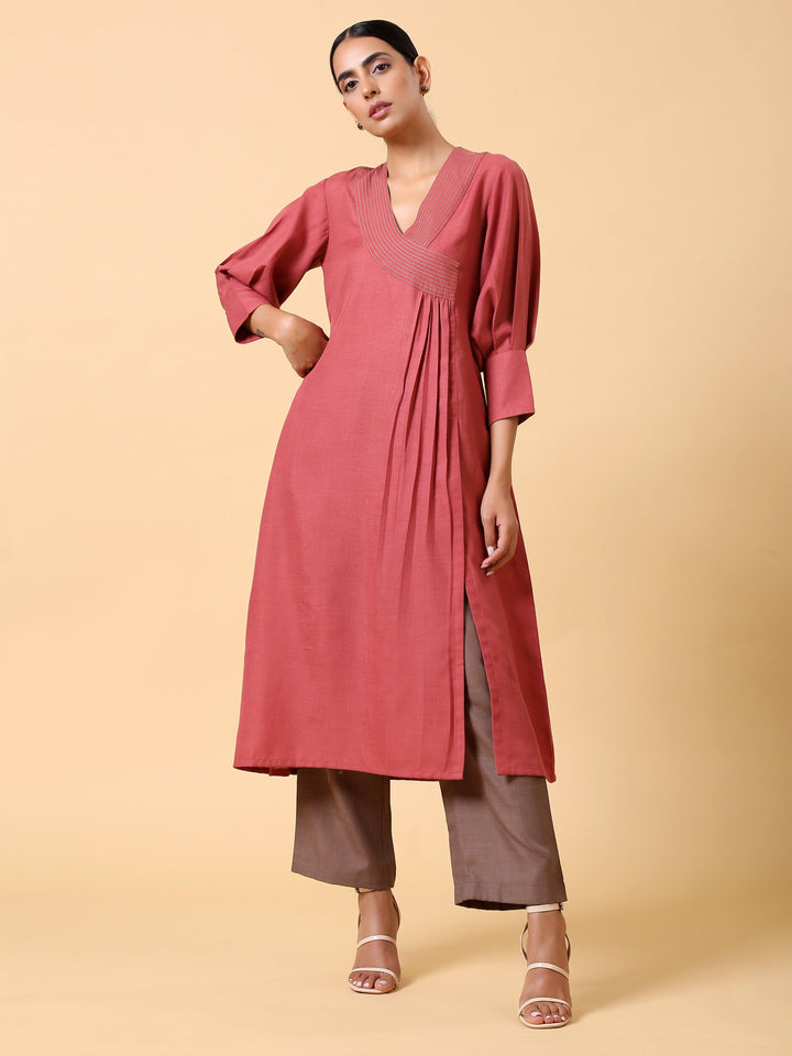 Cotton Linen Rust Red Kurta Pant Set | SHOBITAM