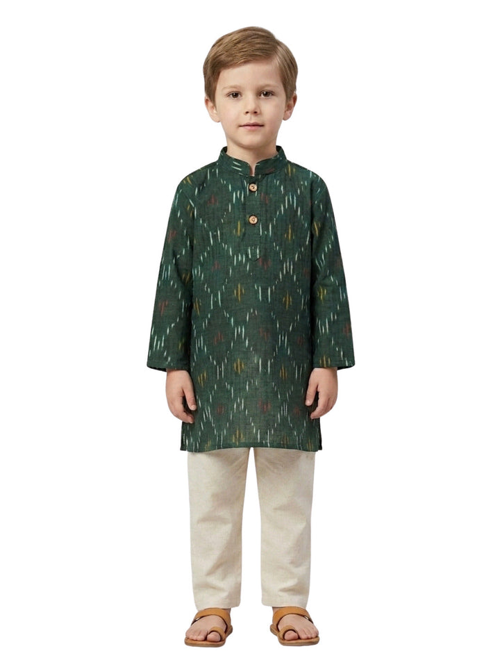 Boys Dark Green Ikat Printed Mandarin Collar Cotton Kurta Set | SHOBITAM