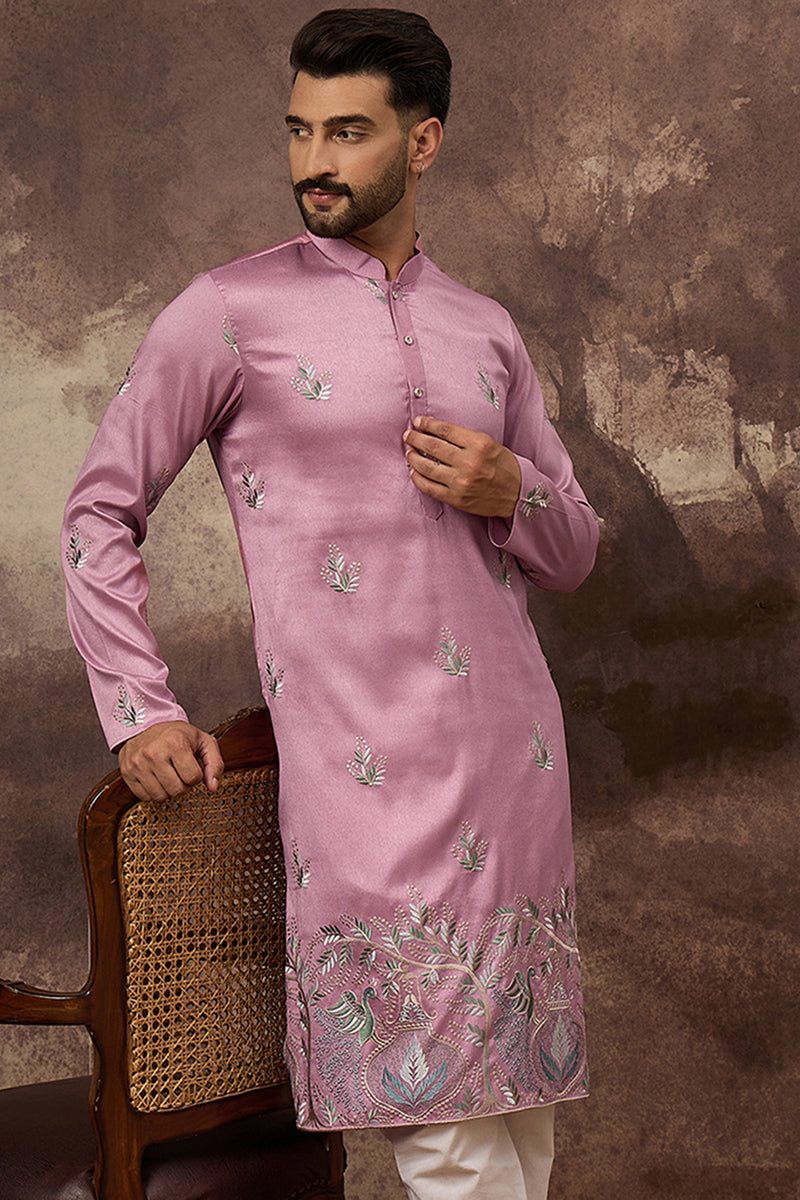 Pink Silk Blend Solid Embroidered Straight Kurta with Trouser | SHOBITAM