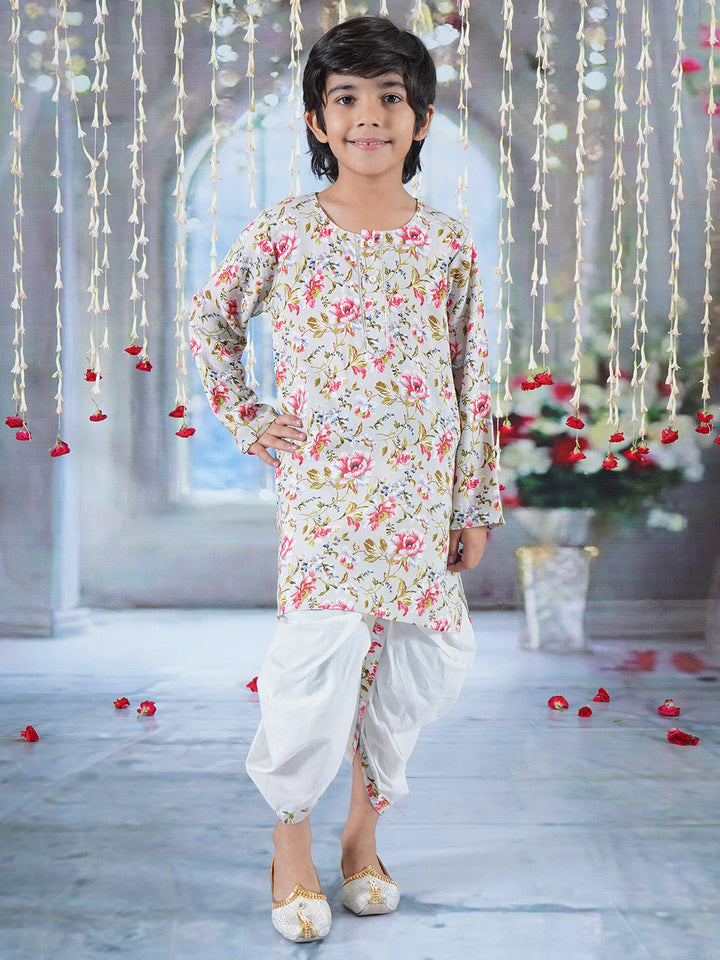 Boys Cotton Full Sleeves Kurta Dhoti with Garden Rose Print and Pearl Buttons - Antique Green  | SHOBITAM