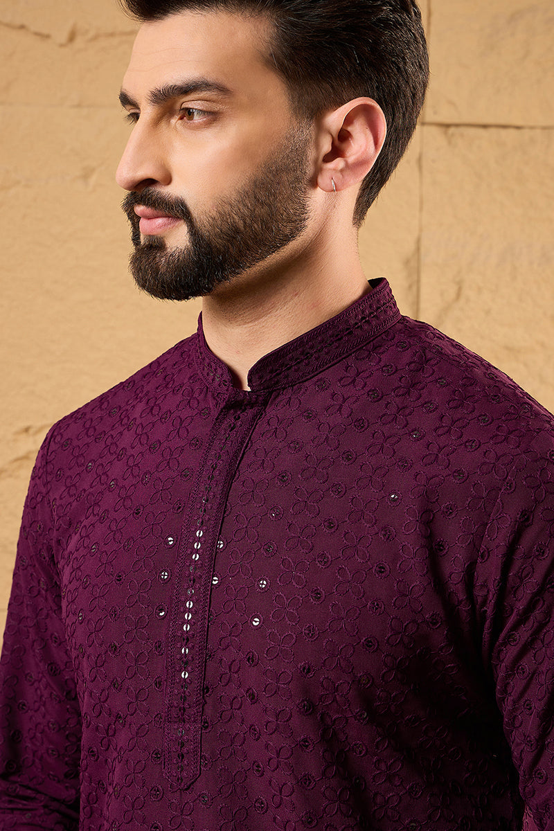 Wine Viscose Rayon Embroidered Straight Kurta With Trousers | SHOBITAM