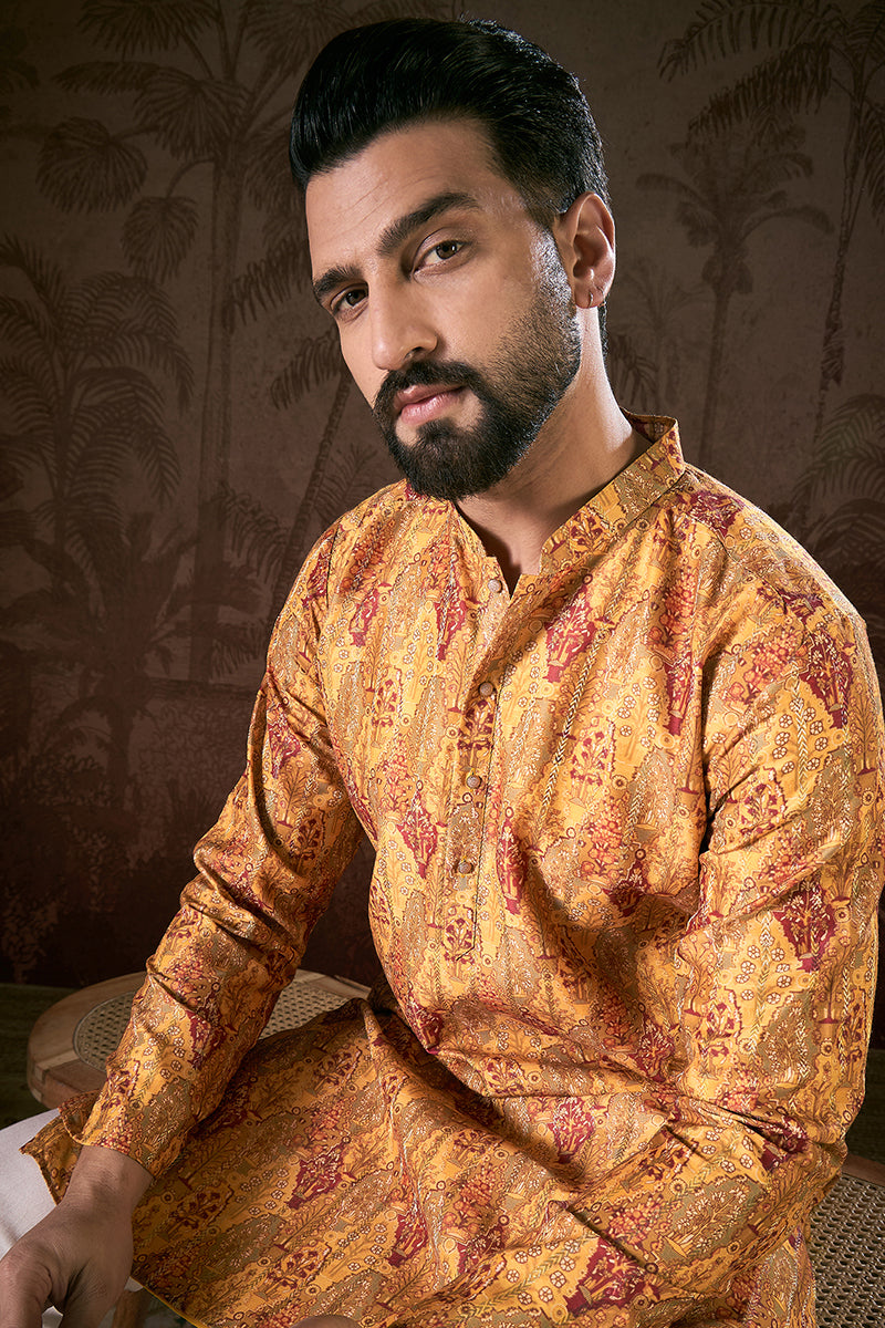 Mustard Silk Blend Ethnic Motifs Printed Straight Kurta With Trouser | SHOBITAM