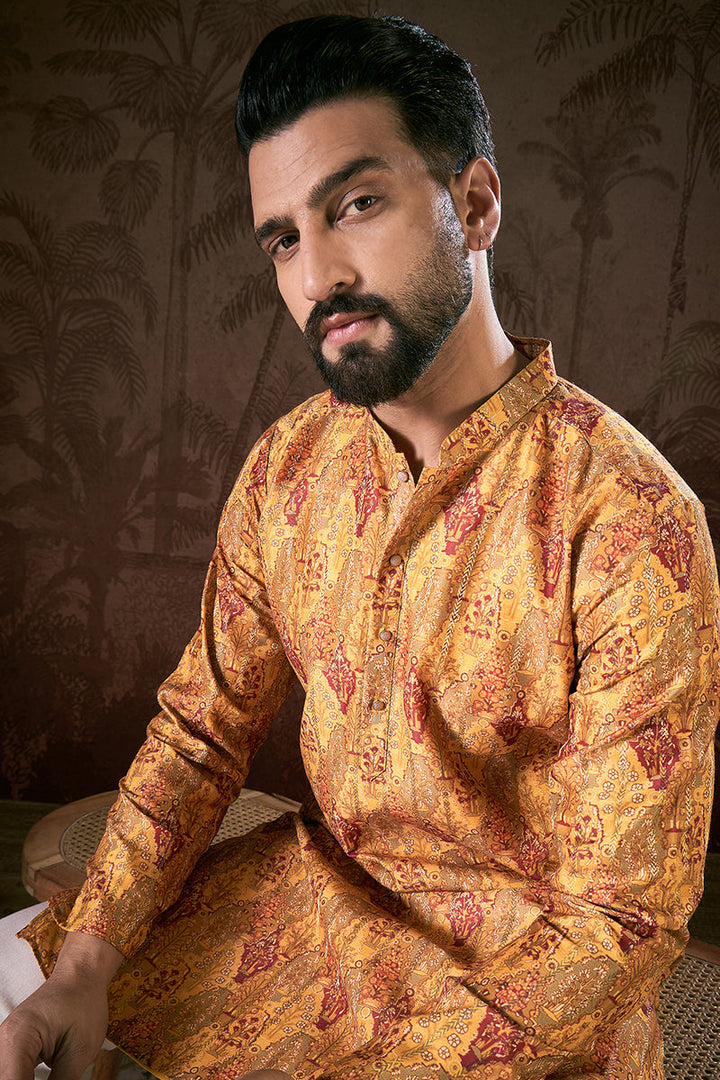 Mustard Silk Blend Ethnic Motifs Printed Straight Kurta With Trouser | SHOBITAM