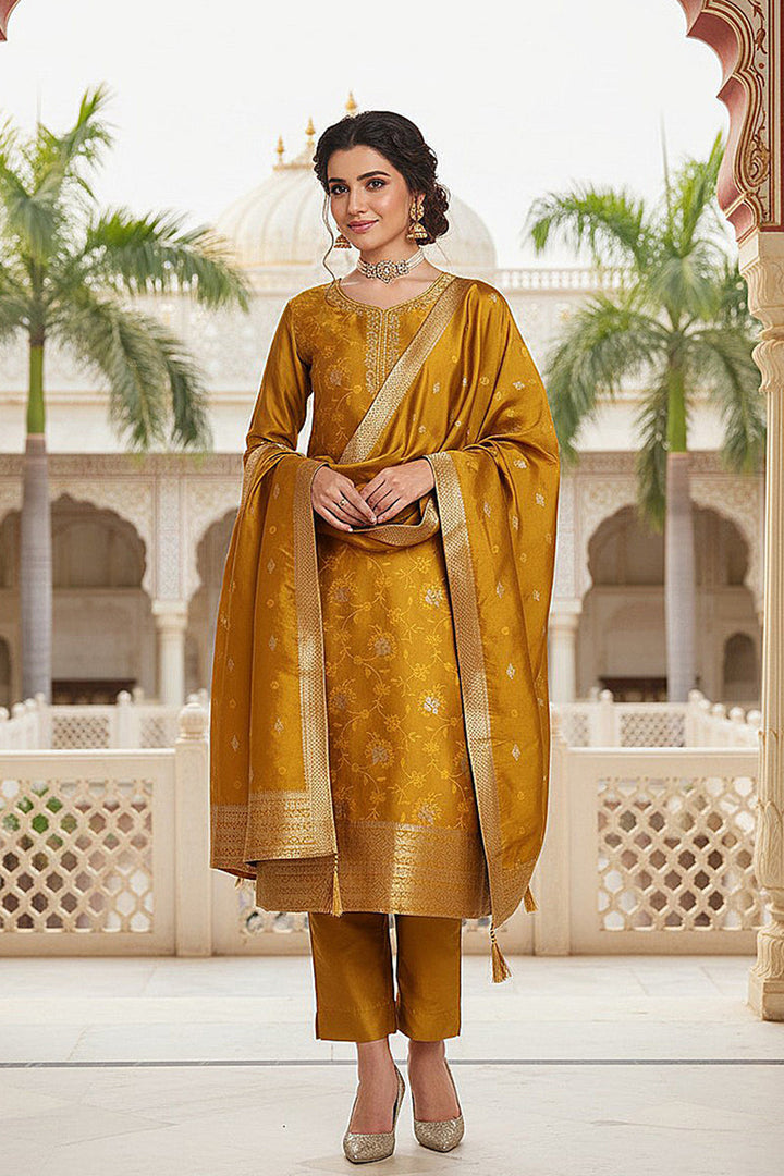 Mustard Yellow Silk Blend Ethnic Motifs Woven Design Straight Suit Set | SHOBITAM
