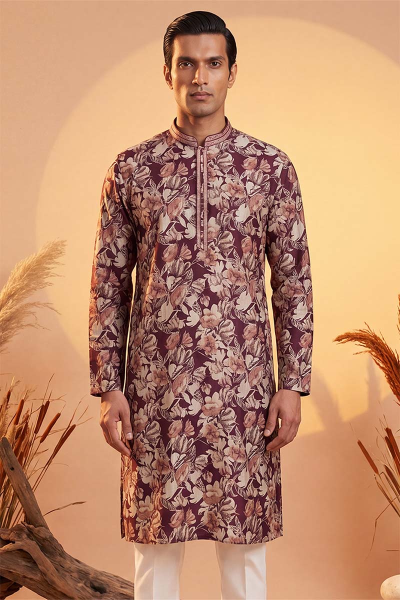 Mens Purple Viscose Rayon Floral Printed Kurta With Trousers | SHOBITAM