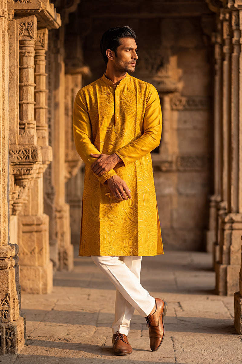 Yellow Silk Blend Embroidered Straight Kurta | SHOBITAM