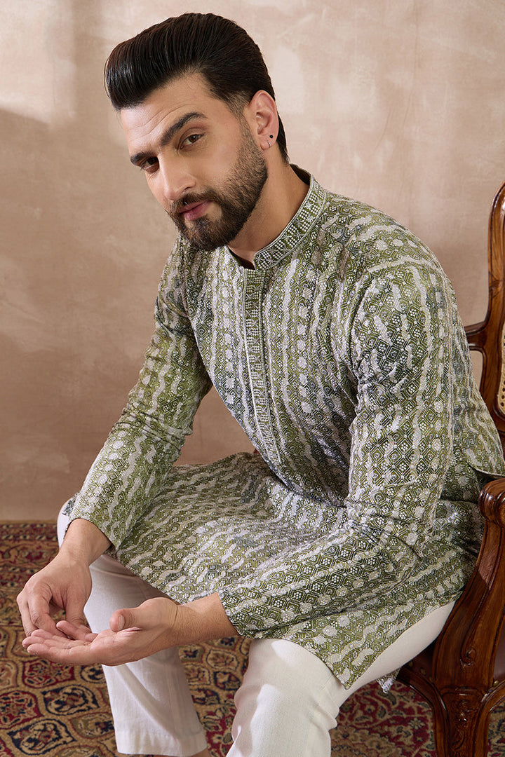Green Silk Blend Printed Mandarin Collar Straight Kurta | SHOBITAM
