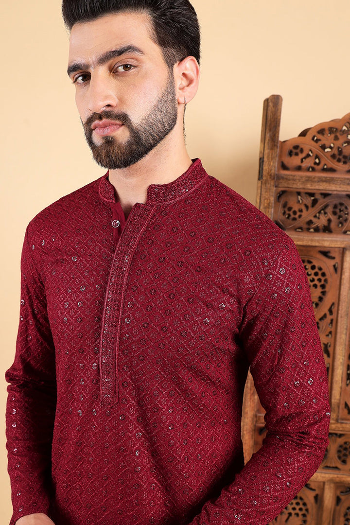 Maroon Viscose Rayon Solid Embroidered Straight Kurta For Men | SHOBITAM