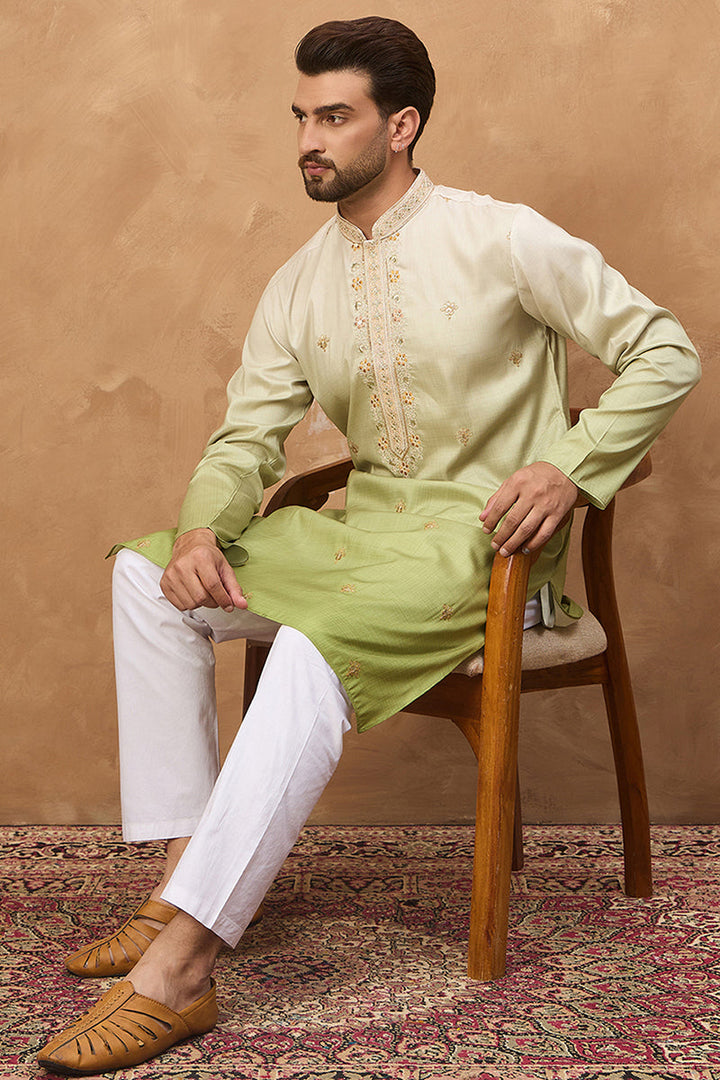 Green Silk Blend Solid Embroidered Straight Kurta | SHOBITAM