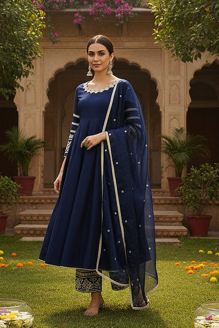 Navy Blue Silk Blend Solid Embroidered Anarkali Suit Set | SHOBITAM