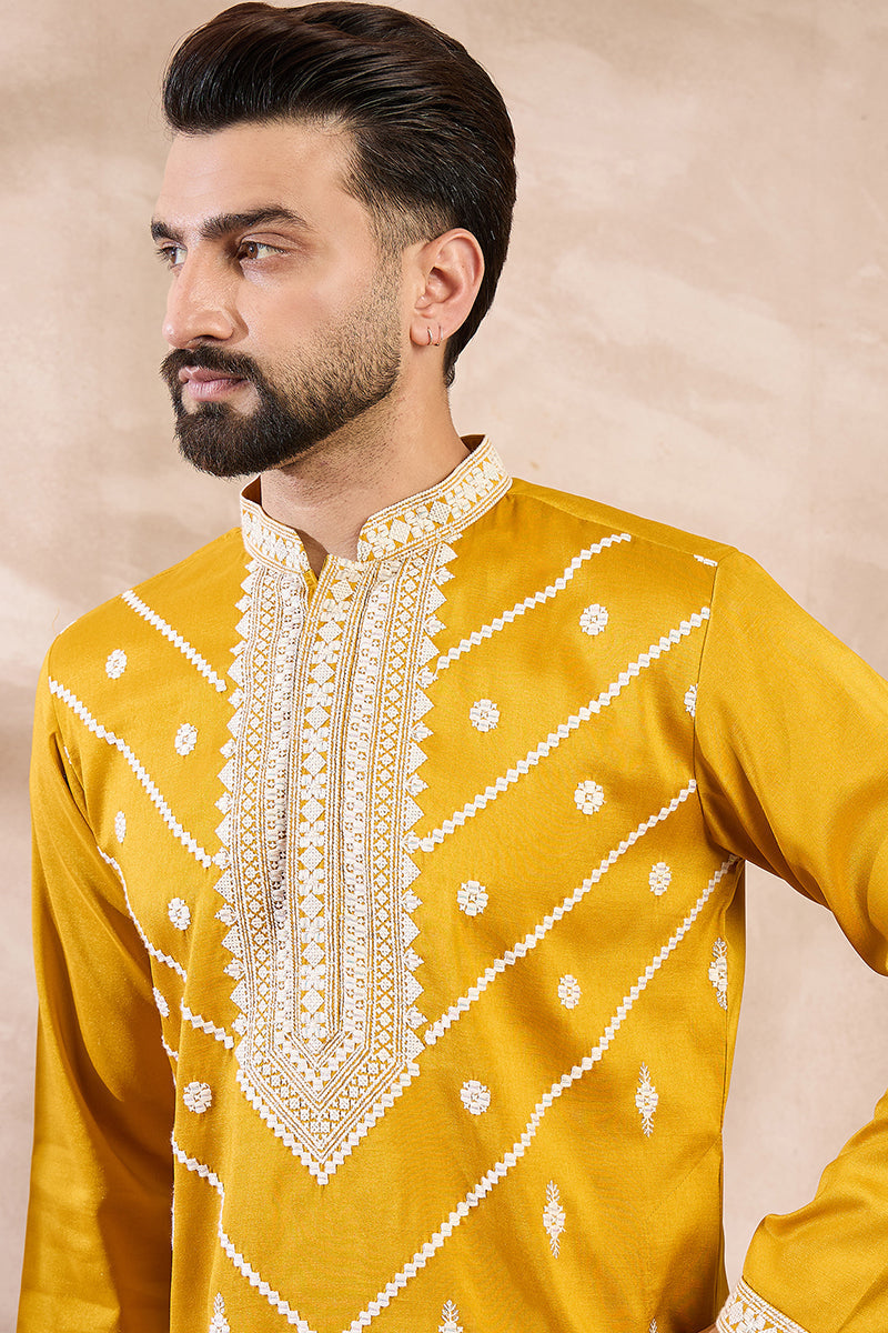 Yellow Silk Blend Ethnic Motifs Embroidered Straight Kurta With Trouser | SHOBITAM
