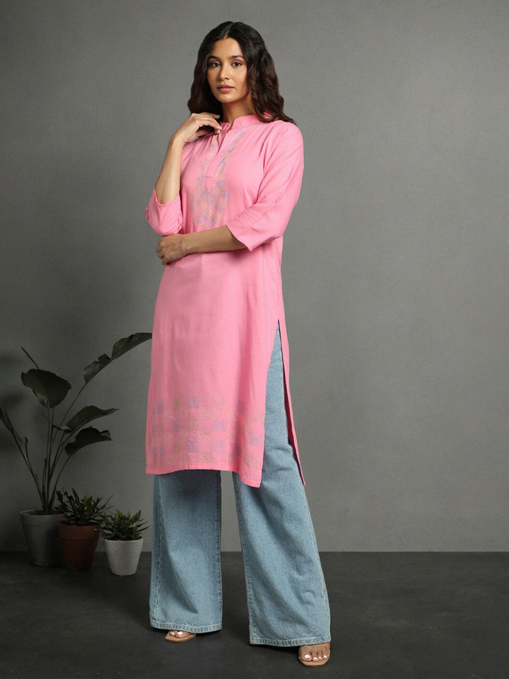 Baby Pink Kantha Cotton Kurta | SHOBITAM