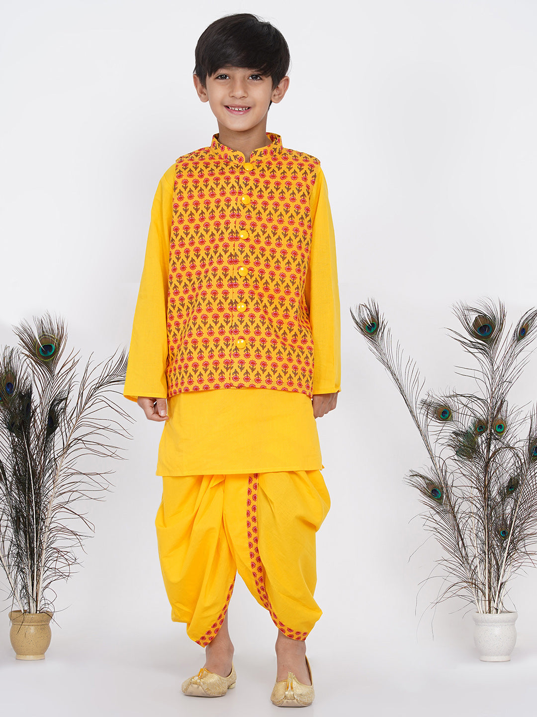 Boys Floral Jacket with Kurta and Dhoti in Yellow  | SHOBITAM