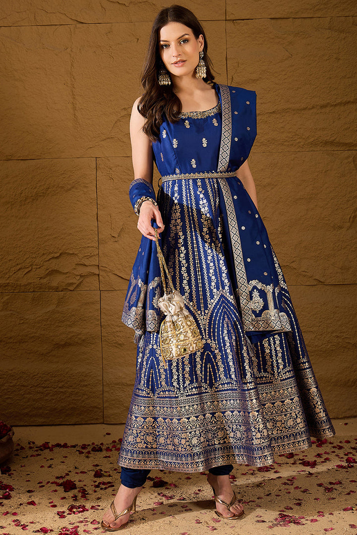 Blue Silk Blend Solid Embroidered Anarkali Kurta Bottom and Dupatta | SHOBITAM