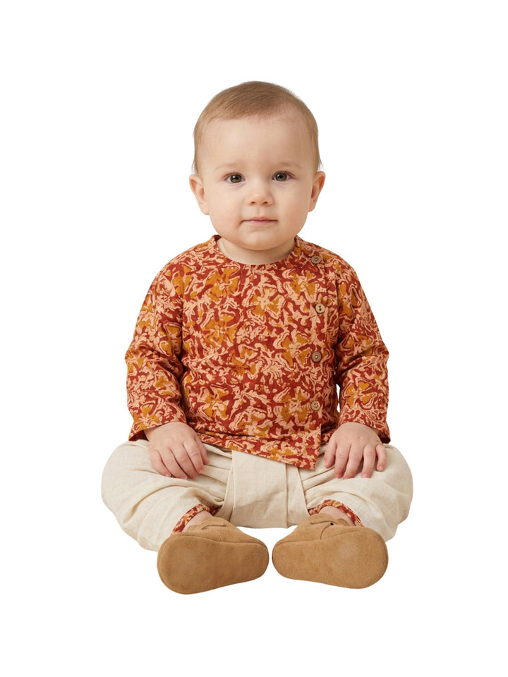 Boys Rust Orange Floral Printed Cotton Angrakha Style Dhoti Set | SHOBITAM