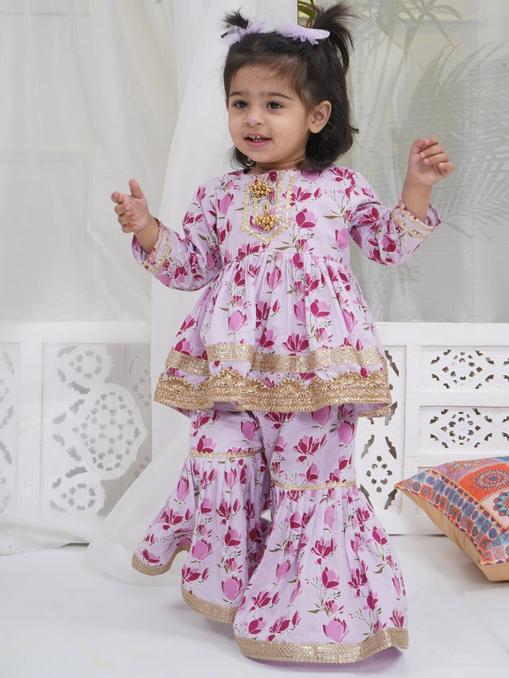 Girls Lavender Cotton Lotus Lacework Kurta Sharara Set | SHOBITAM