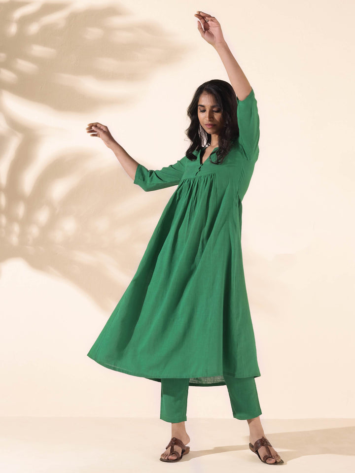 Green Cotton Long Kurta Pant Set | SHOBITAM