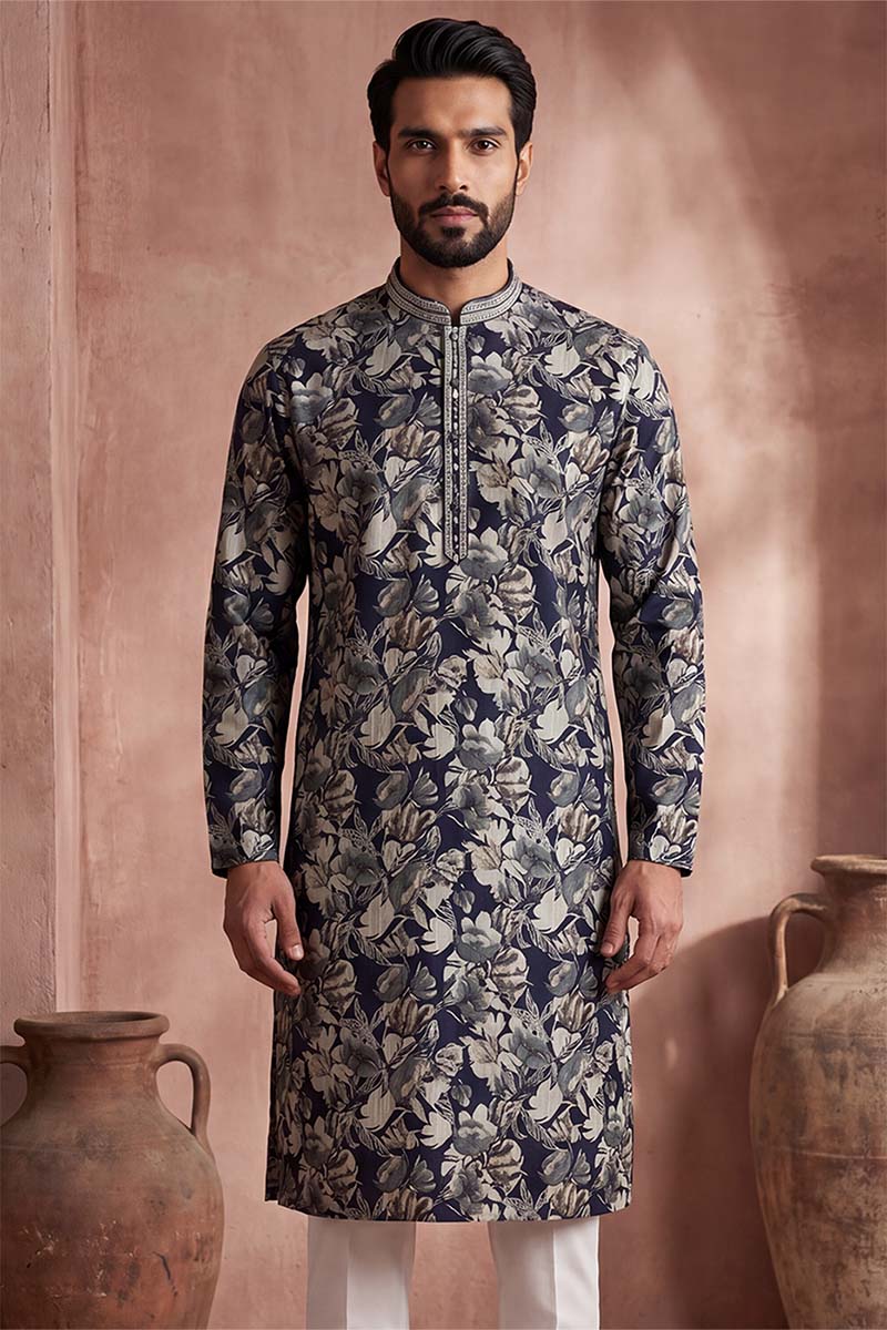 Mens Blue Viscose Rayon Floral Printed Kurta With Trousers | SHOBITAM