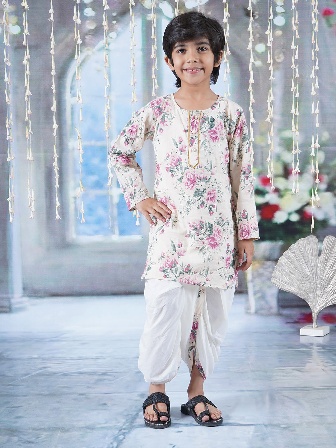 Boys Cotton Full Sleeves Kurta Dhoti with Floral Print and Pearl Buttons - Cream   | SHOBITAM