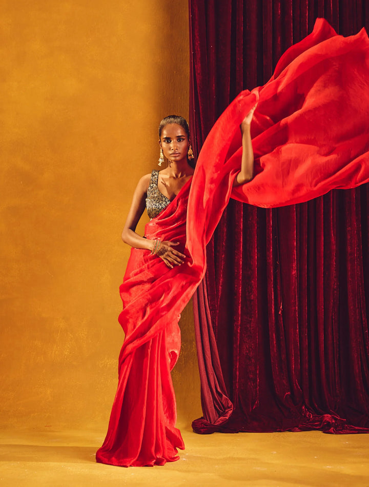 Red Tissue Saree With Unstitched Blouse | SHOBITAM