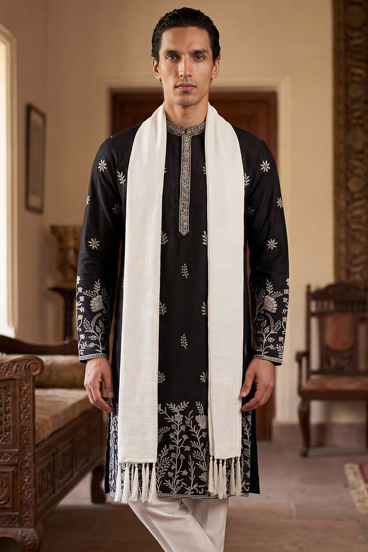 Men Black Silk Blend Solid Embroidered Straight Kurta Sets  | SHOBITAM