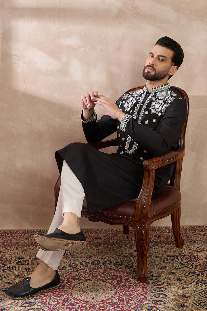Black Silk Blend Embroidered Mandarin Collar Straight Kurta For Men | SHOBITAM
