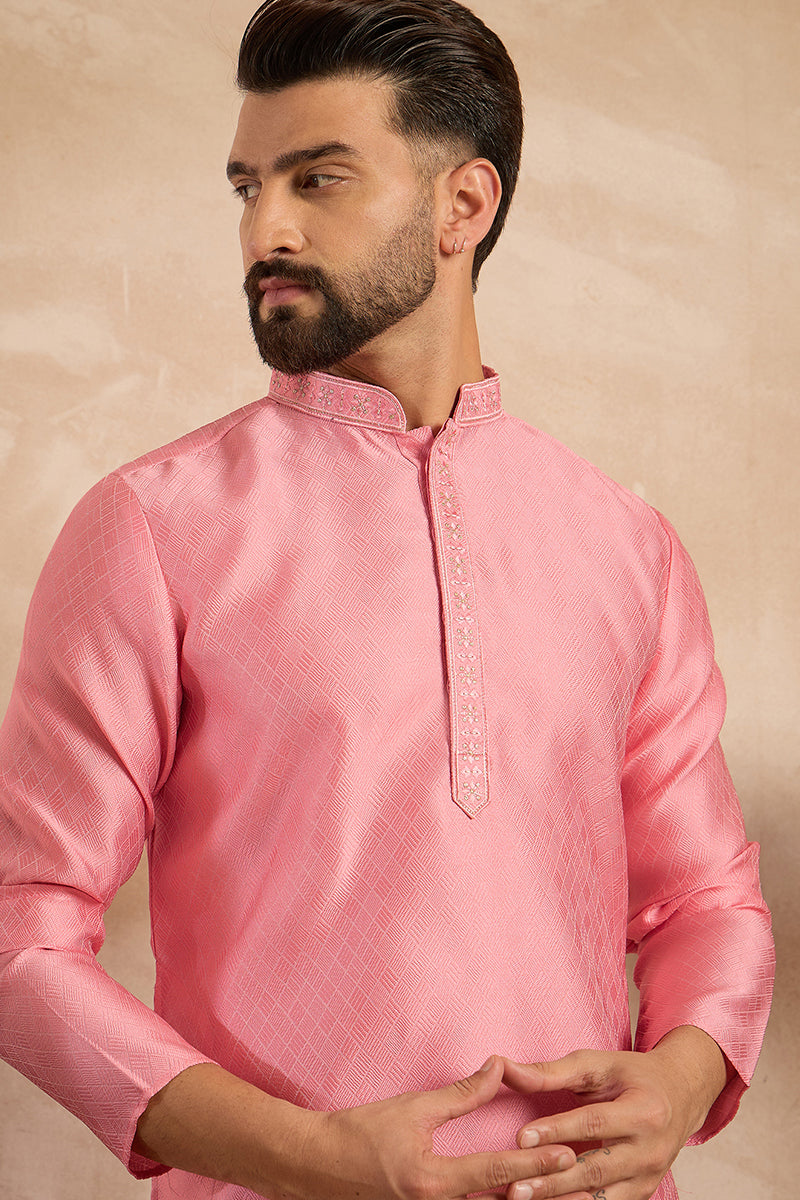 Pink Polyester Solid Embroidered Straight Kurta For Men | SHOBITAM