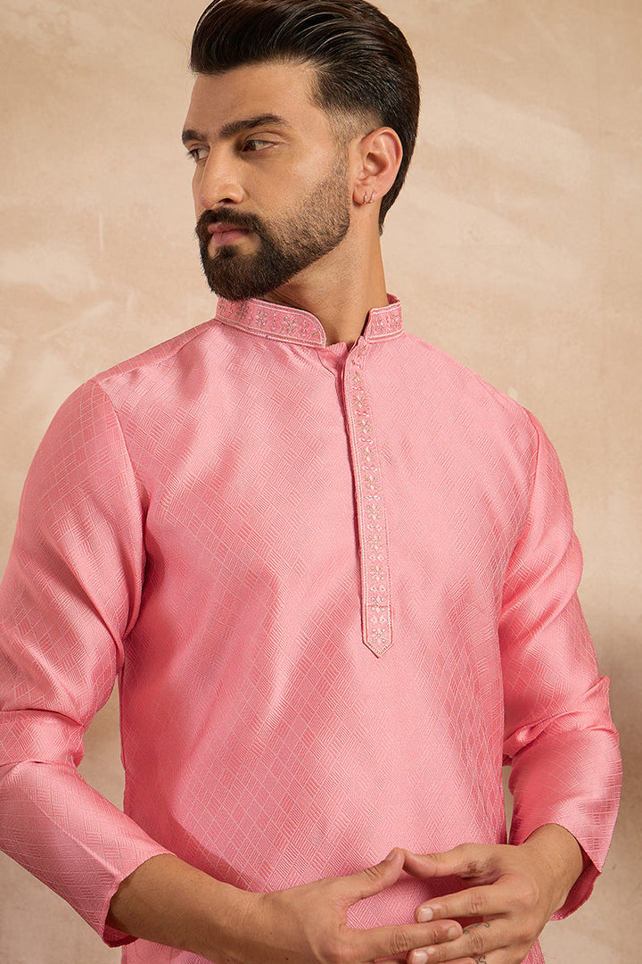 Pink Polyester Solid Embroidered Straight Kurta For Men | SHOBITAM