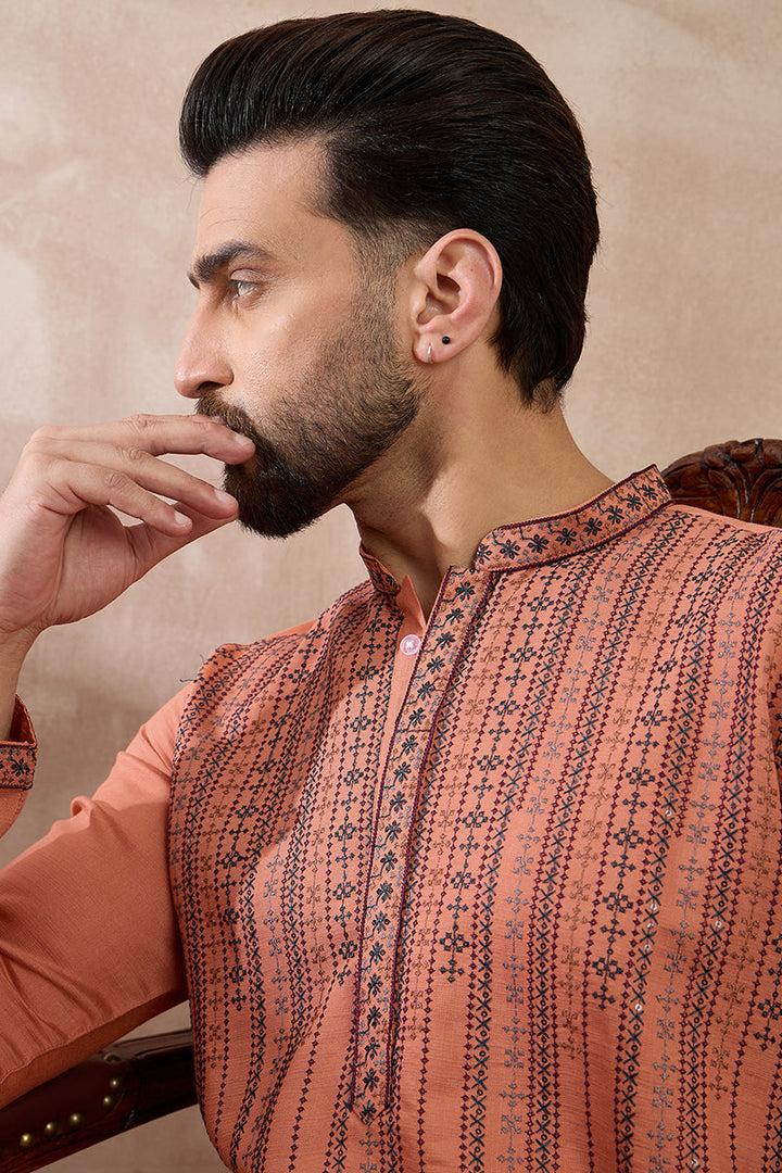 Orange Silk Blend Embroidered Mandarin Collar Straight Kurta With Trouser | SHOBITAM