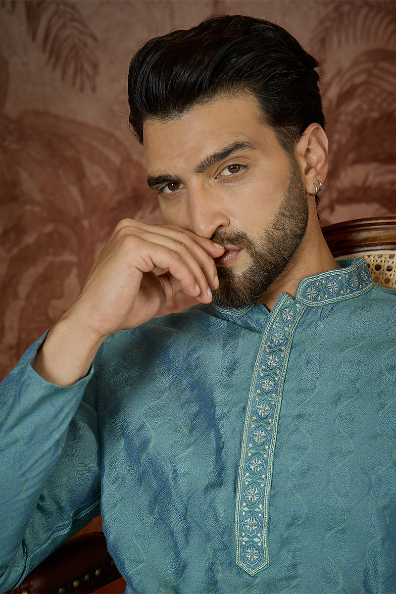 Mens Teal Jacquard Solid Embroidered Kurta With Trouser  | SHOBITAM