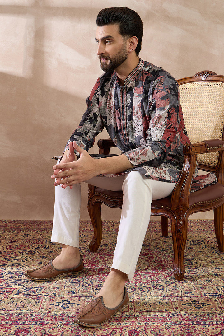 Black Silk Blend Printed Mandarin Collar Straight Kurta With Trouser | SHOBITAM