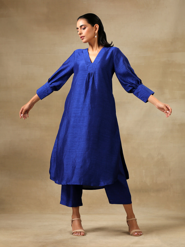 Blue Textured Silk Puff Sleeve Kurta Pant Set  | SHOBITAM