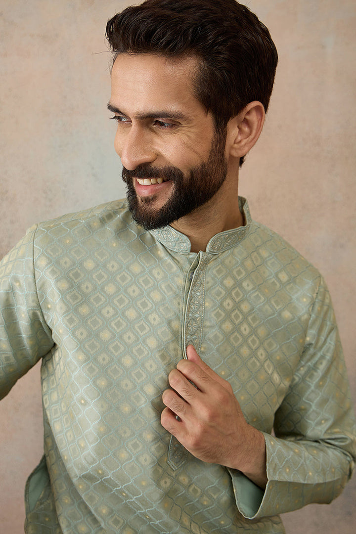 Mens Teal Jacquard Ethnic Motifs Embroidered Kurta | SHOBITAM