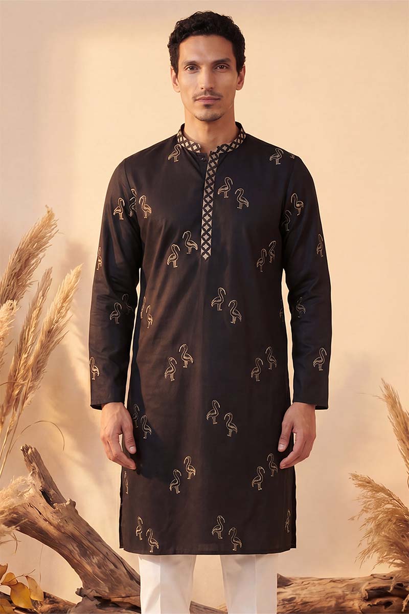 Mens Black Silk Blend Solid Embroidered Kurta With Trousers | SHOBITAM